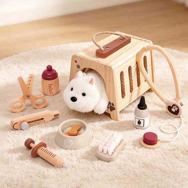 Children's Wooden Pet Care Toy Simulation Puppy Clinic Role Play Set Educational Early Learning Multi-Function Game Box 3-6 Years Old Pretend Play Toy