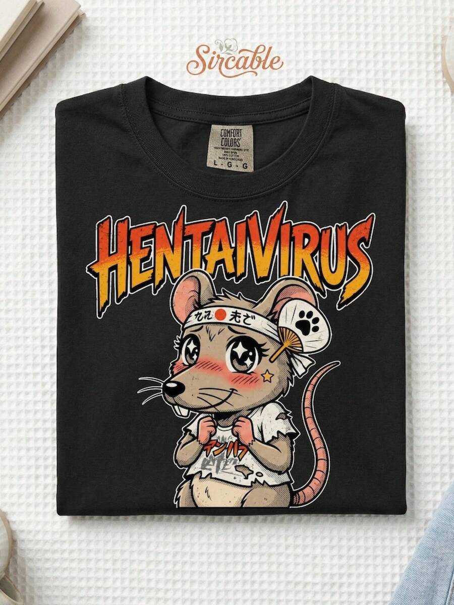 Novedades 2026: Camisetas de Algodón Puro Estampadas para Niños y Niñas, Camiseta Divertida con Memes de Anime Hentaivirus| Camiseta Edgy Weeb| Ropa Kawaii Rat Otaku| Ropa Urbana Japonesa Re - Negro - Ver 1