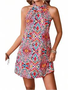- Vestido corto sin mangas con estampado floral para mujer, cuello halter, línea A - Negro - - Ver 21