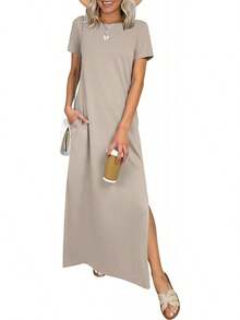 ANRABESS - Vestido largo casual de verano para mujer, manga corta, cuello redondo, dividido, sin arrugas, para viajes, playa, día festivo - Rosa - Ver 21