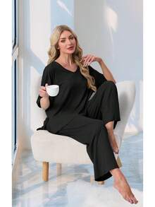 PrinStory - Conjunto de pijama de manga corta para mujer, conjunto de pijama de 2 piezas para mujer, cómodo ropa de descanso con bolsillos - Estrella rosa Fp - Ver 4