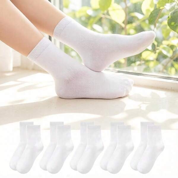 5 Pairs Kids White Socks, Student School Uniform White Socks, Mid-Calf Short Socks, Children's Socks, Sports Socks, Back To School Season, Boys And Girls Dance Socks