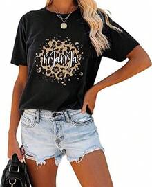 Camiseta de manga corta con estampado de leopardo para mujer, camiseta de mamá con estampado de guepardo. - Negro - Ver 9