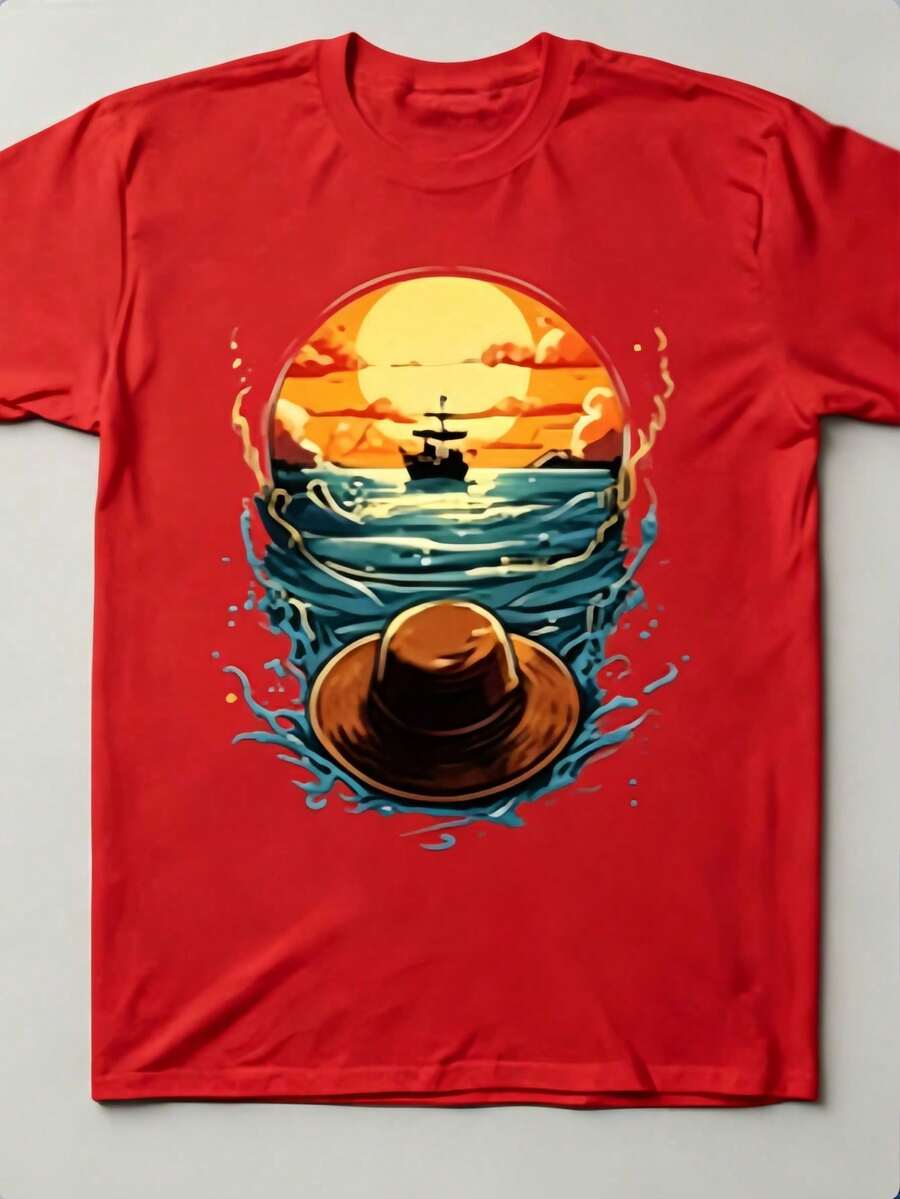 1 Camiseta de One Piece, Diseño de Moda, Estampado de Anime, Algodón Retro, Cuello Redondo, Manga Corta para Hombre, 180g, 100% Algodón, Camiseta Gráfica - Rojo - Ver 1