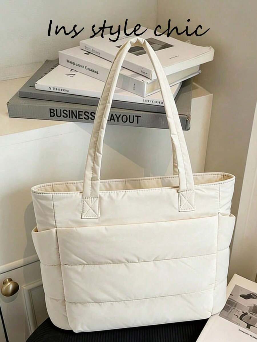 New Fashionable Classic And Multifunctional White Handbag, Simple Design, Quilted Details, Dual Top Handle Design For Shoulder, Elegant Shoulder Bag For Ladies, Suitable For N - Aprikot - View 1
