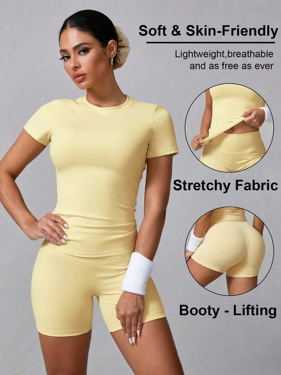 Women's Simple Solid Color Summer Sports Set With Shorts And Short Sleeves - Yellow - View 1