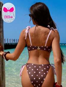 Voyashape Conjunto de bikini con sujetador con aros y relleno con forma de concha, tirantes y anudado en la cintura para mujer, estilo sexy talla DD+ - Marrón - Ver 4