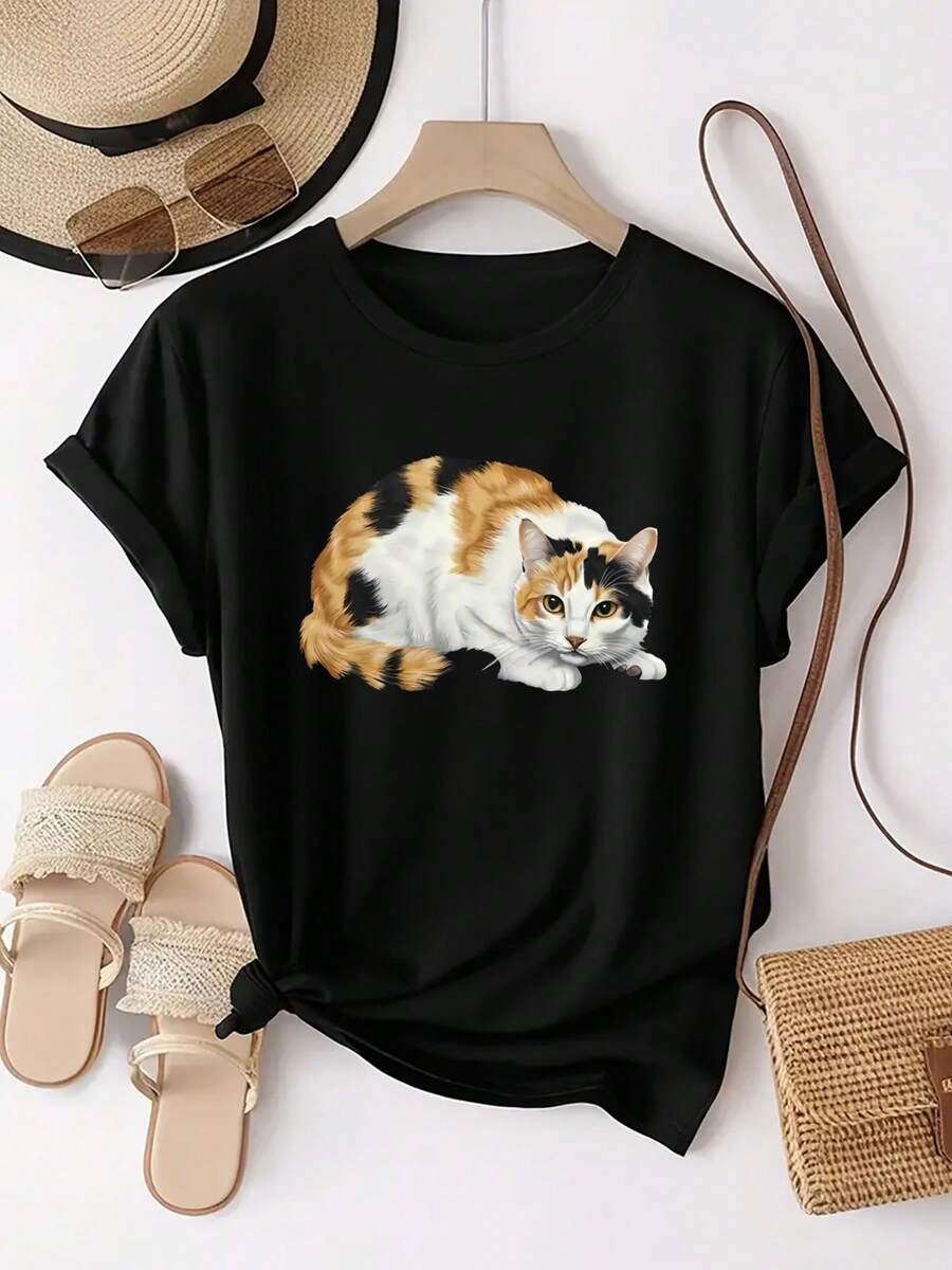 Adorable estampado de gato calicó, lindo y animado. Elegante Camiseta Casual de Manga Corta y Cuello Redondo para Mujer con Diseños Únicos, Perfecta para Días Deportivos y Cálidos - Negro - Ver 1