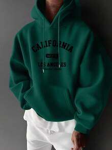 男士秋冬休閒時尚街頭風 CALIFORNIA 印花袋鼠口袋抽繩連帽抓絨衛衣 - 綠色 - 查看 1