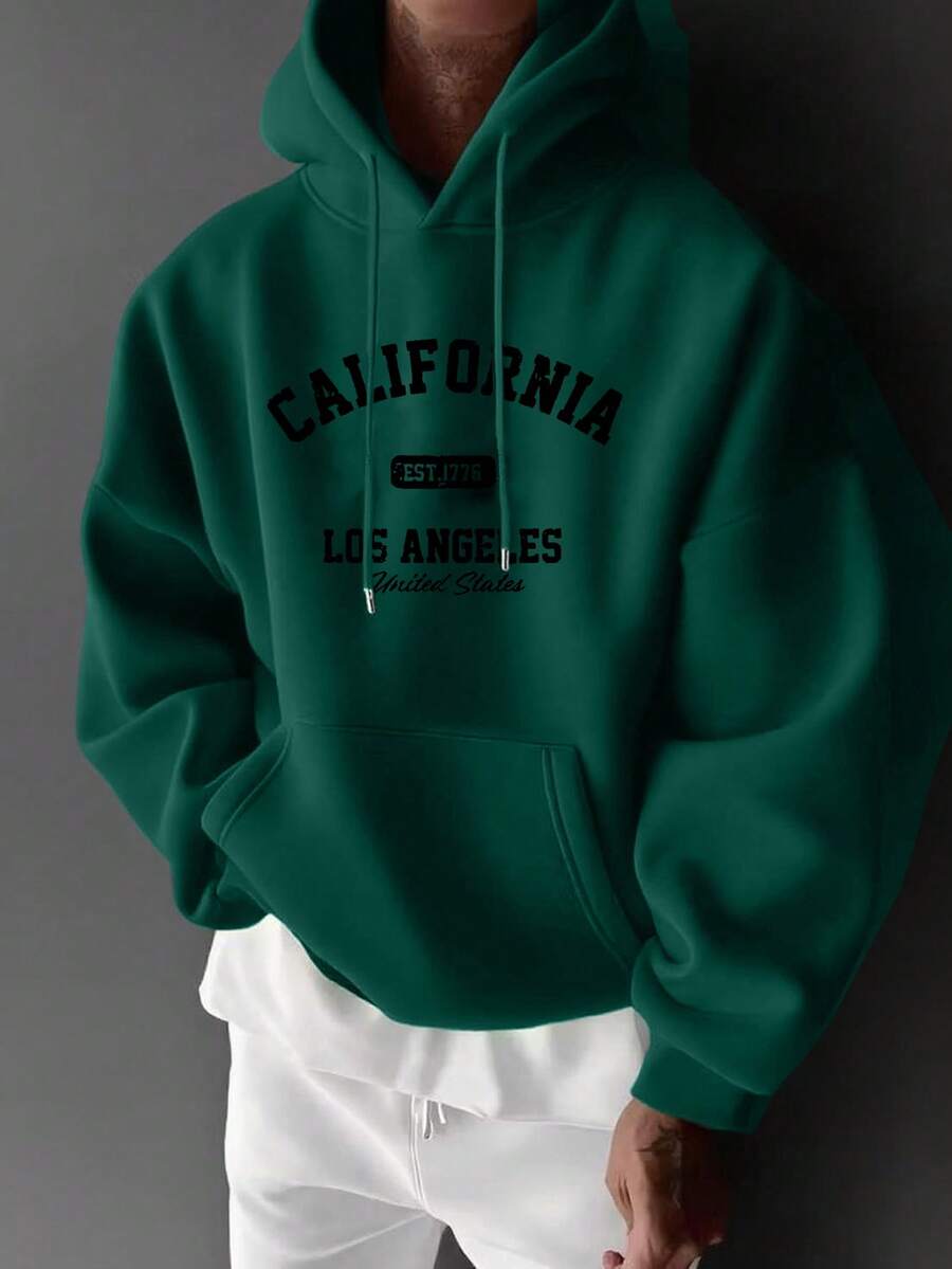 男士秋冬休閒時尚街頭風 CALIFORNIA 印花袋鼠口袋抽繩連帽抓絨衛衣 - 綠色 - 查看 1