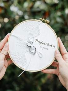 Takeoak 1pc Customized Lace Wedding Ring Pillow, Personalized Ring Holder With Name And Date Engraving, Pearl Bowknot, Rustic Elegant Round Ring Cushion, Multi-Layer Ring Display, Romantic Bridal Ceremony Decor, Engagement Anniversary Gift, Wedding Accessory - Multicolor - View 9