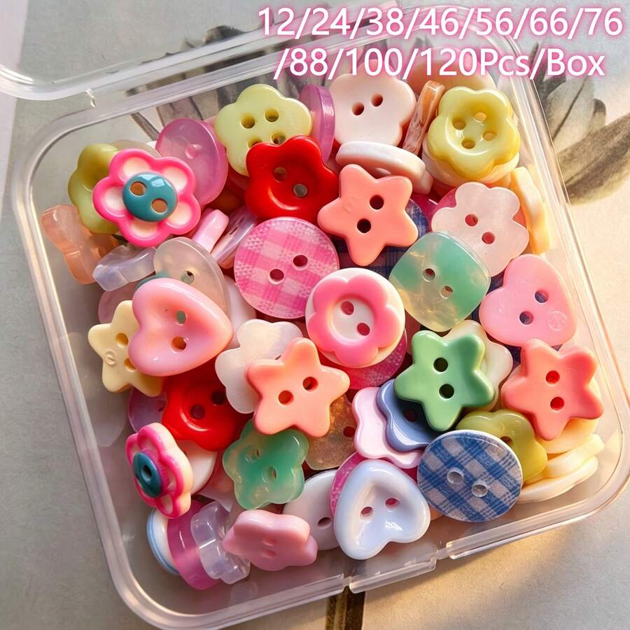 12/24/38/46/56/66/76/88/100/120 cái/hộp cúc nhựa resin nhiều hình trái tim hoa sao bướm, nhiều màu, nhiều kiểu, cúc trang trí may lên quần áo DIY thủ công