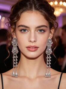 Bohemian Style Long Bell Tassel Pendant Earrings, Vintage Silver Rhinestone Floral Jhumka Earrings For Evening Party Wear - Tassel Style - View 3