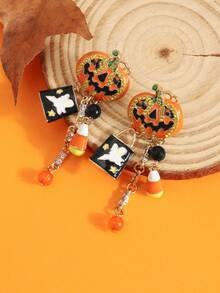 1 Pair New Halloween Earrings For Women, Creative Pumpkin Head & Ghost Pendant, Asymmetrical Design Stud Earrings - Multicolor - View 3