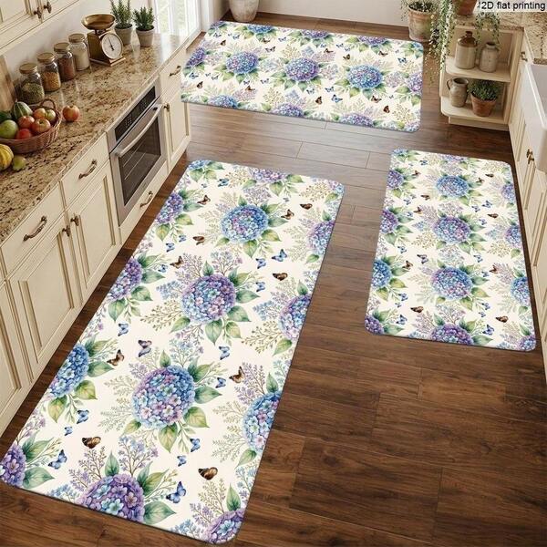 Kitchen Mat With Hydrangea And Floral Pattern, Suitable Kitchen, Porch, Balcony, Bedroom, Living Room, Home Decoration And Kitchen Porch Balcony Bedroom Living Room