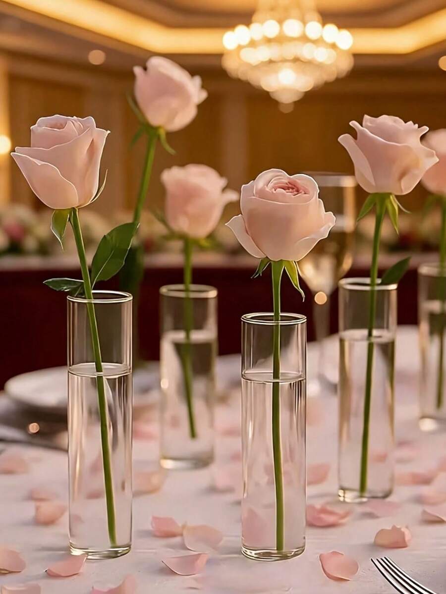 5pcs Transparent Cylindrical Vases, Suitable For Fresh Flowers, Modern Desktop Decor, Home And Wedding Decoration, Shatter-Resistant Round Vases, Perfect For Floral Arrangements And Minimalist Style | Table Centerpiece Decor | Wedding Table Setting - Transparent - View 1