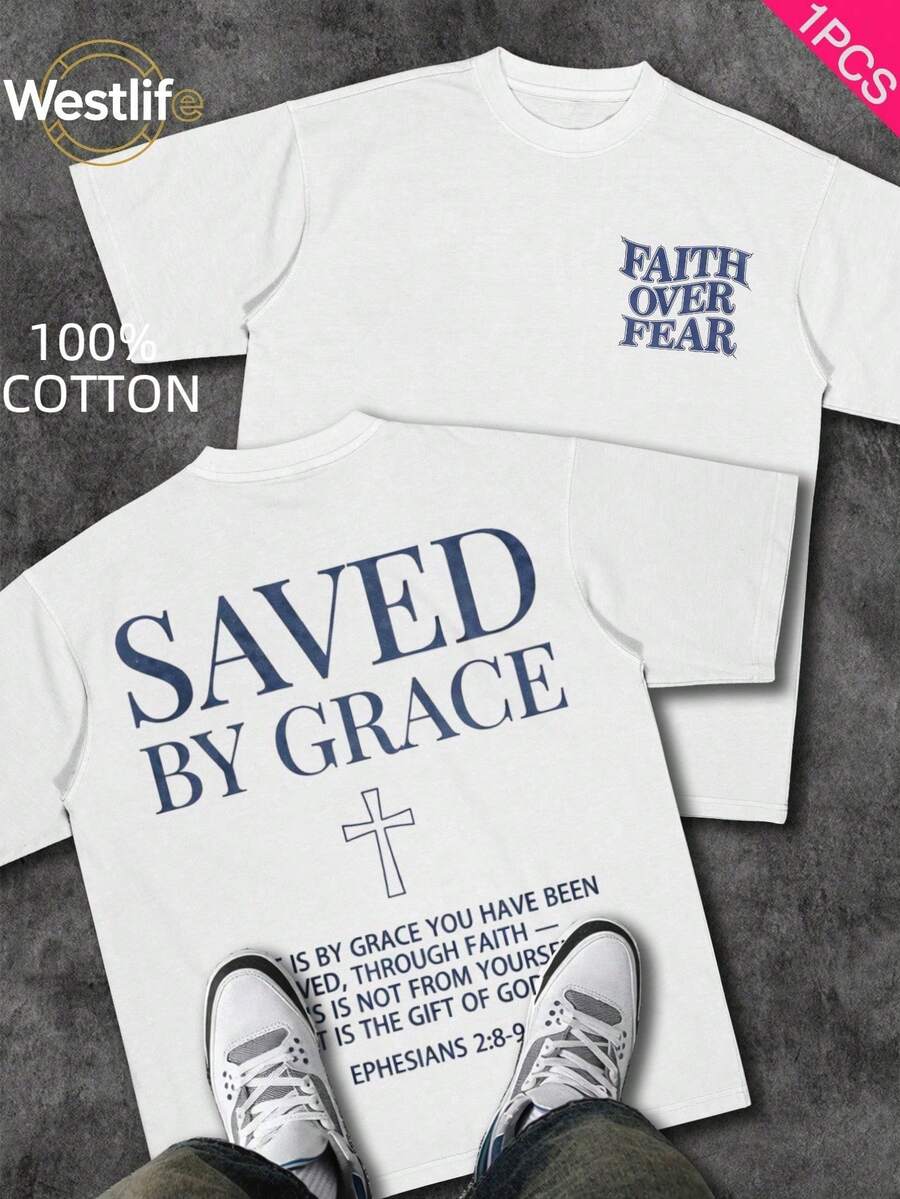 Men's Christian T-Shirt "FAITH OVER FEAR" | Psalm 118:6 Design | Inspirational Streetwear | 100% Cotton | Unisex Fit | Ideal Gift For Believers - 紅白色 - 查看 1