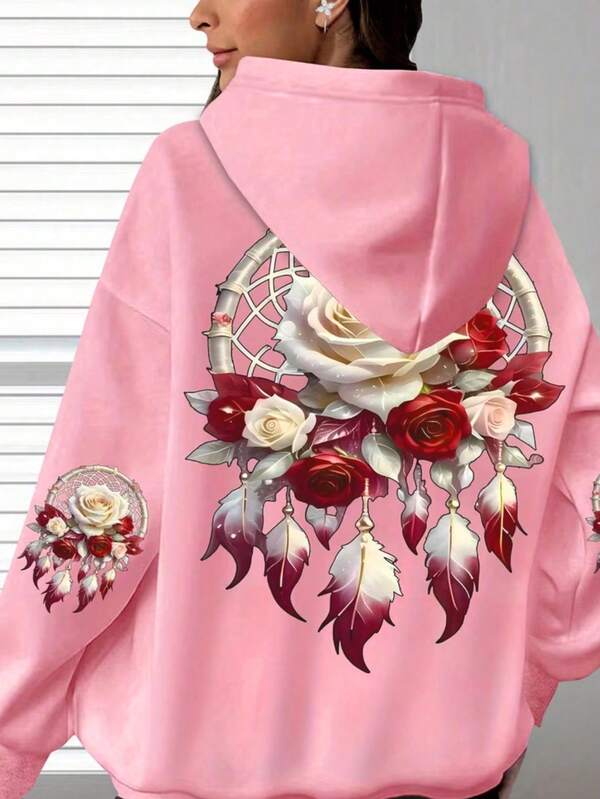 Plus Size Women's Hooded Sweatshirt With Feather And Floral Print, Casual Fashion Hooded Top With Pockets, Patterned Top Vacation