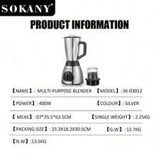 SOKANY 03012 Blender Multifungsi, Penghancur Es, Penggiling, Mixer 3-in-1. 3 Kecepatan yang Dapat Diatur, Dilengkapi dengan Gelas Penggiling, Kapasitas Besar 1,5L, Pisau Stainless Steel, Cocok untuk Penggunaan di Rumah. - Perak - View 4