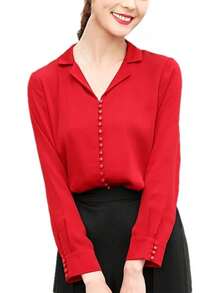 Camisa de manga larga de seda con solapa para mujer, diseño de negocios con hebillas sólidas, cuello en V, blusa delgada - Rojo vino - Ver 11