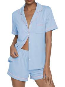 - Conjunto de pijama de verano con botones, 2 piezas, de manga corta, para dormir, S-XXL - Rosa polvoriento - Ver 21