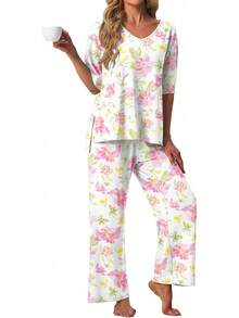 PrinStory - Conjunto de pijama de manga corta para mujer, conjunto de pijama de 2 piezas para mujer, cómodo ropa de descanso con bolsillos - Estrella rosa Fp - Ver 19