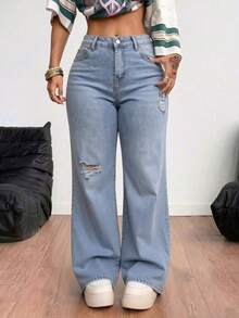 Light Blue Washed Straight-Leg Denim Trousers With Rips, Mid-Rise Waist, Elasticated And With An Elegant Drape - Dusty Blue - View 5