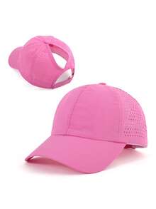 1 pieza Gorra de béisbol de malla transpirable de secado rápido de unicolor con orificio para coleta, gorra de béisbol ajustable, deportes al aire libre - Gorra de béisbol de secado rápido para coleta - Ver 12