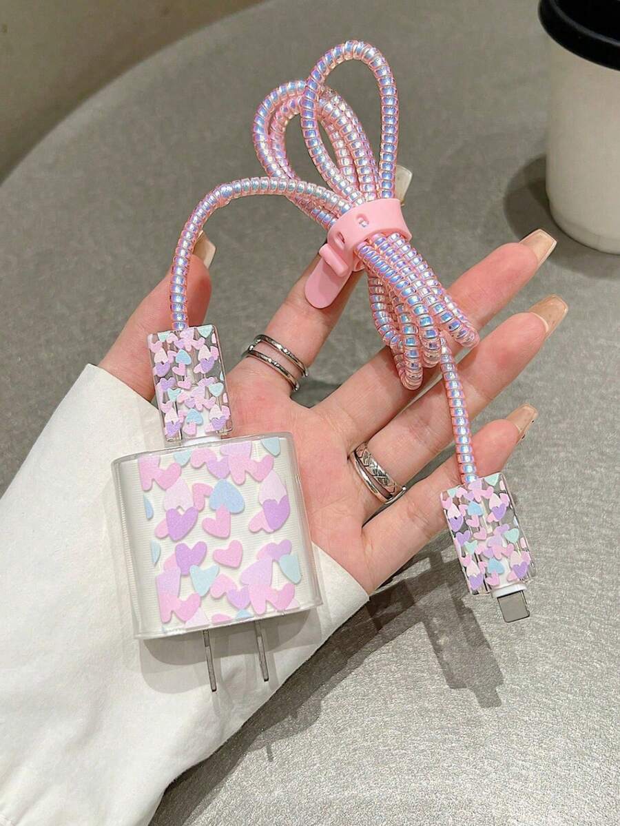 5入粉色蝴蝶結/花朵/愛心蘋果 18/20W 數據線保護套，相容 iPhone 16/16 Pro Max/15/14/13/11 充電頭保護殼，防斷裂軟殼充電線，適合送給朋友的禮物