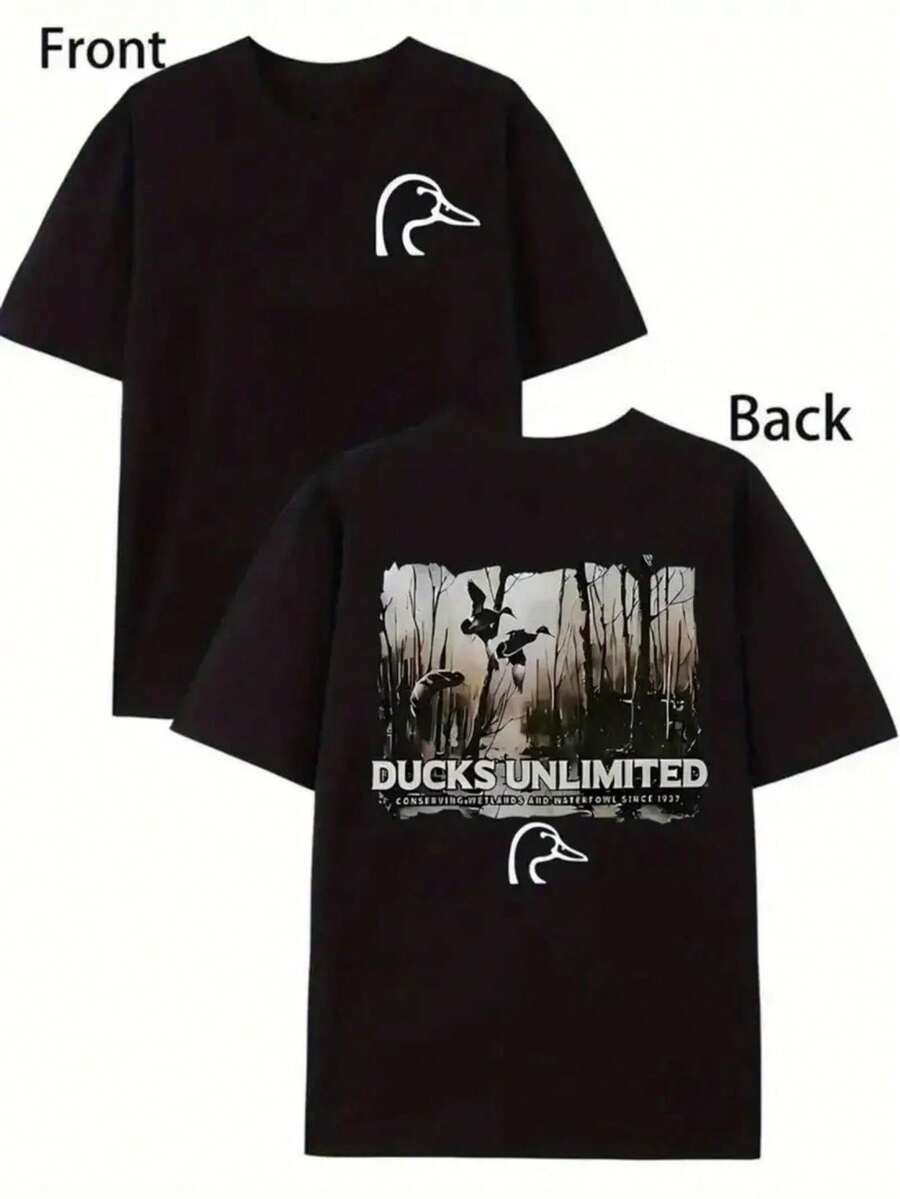 Camiseta con Temática de Patos Infinitos - Camiseta casual de manga corta con cuello redondo, con un logotipo de pato blanco y un estampado de paisaje de pantano en la parte trasera - Camise - Negro - Ver 1