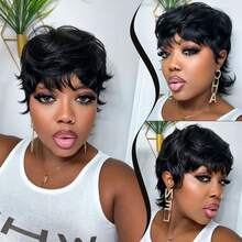 Women's Short Brazilian Remy Human Hair Wig, Mullet Style Pixie Cut, 27/613, 1B Black, 4/33 Color, Cute Short Mullet Wig With Bangs, Layered Design, Easy To Wear No Lace Front, Natural Curly Hair, Suitable For All Ethnicities - Multicolor - View 7