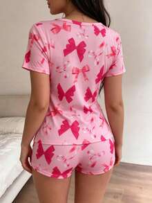 Women's Casual Comfortable Pajama Set, Round Neck Short Sleeve Top And Shorts, Soft Comfortable Minimalist, Bow Print Style, Suitable For Spring And Summer - Hot Pink - View 2