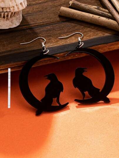 2D Flat 2pcs Punk Style Creative Fashion Black Moon & Crow Acrylic Dangle Earrings, Suitable For Women's Daily, Party, Halloween Wear