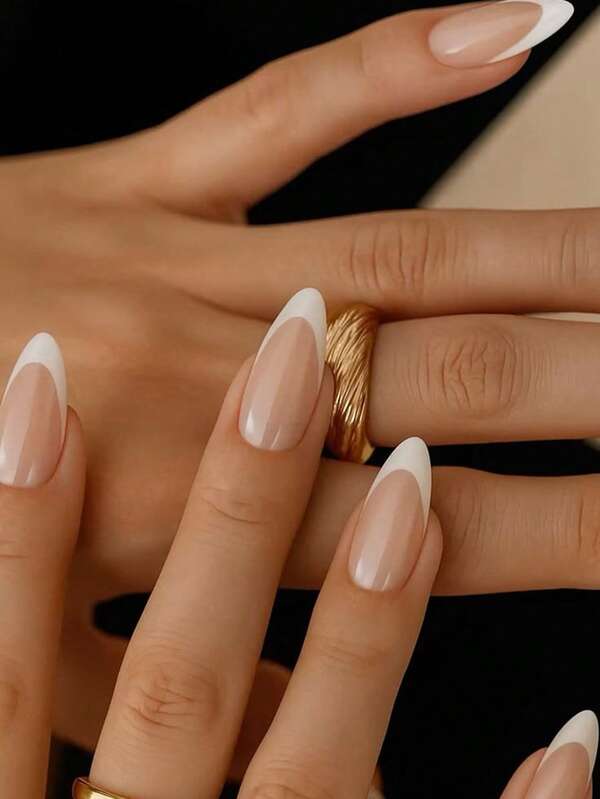 Minimalism Style 24pcs Short Almond White Edge French Press-On Nails, Fake Nail Tips, Nail Stickers, Manicure Set Suitable For Daily Wear, Dates, Afternoon Tea, Outings