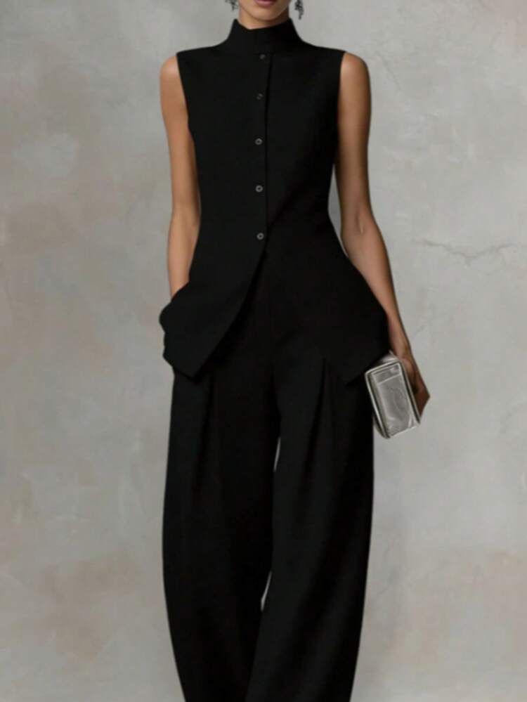 Women's Linen Sleeveless Turtleneck Jumpsuit, High Waisted Wide Leg Pants Jumpsuit With Pockets, Elegant Casual Summer Romper For Work & Vacation - Black and White - View 2