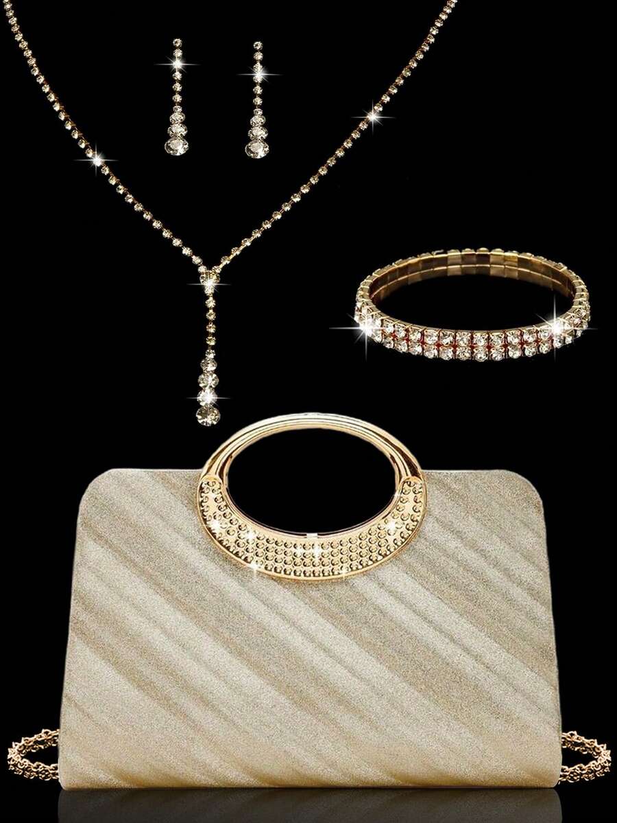 Gold Herringbone Sparkling Rhinestone Evening Clutch, Luxurious Glamorous Shiny Diamond Dress Handbag, Necklace Earrings Bracelet 3 Pieces Set, Gala - Champagne - View 1