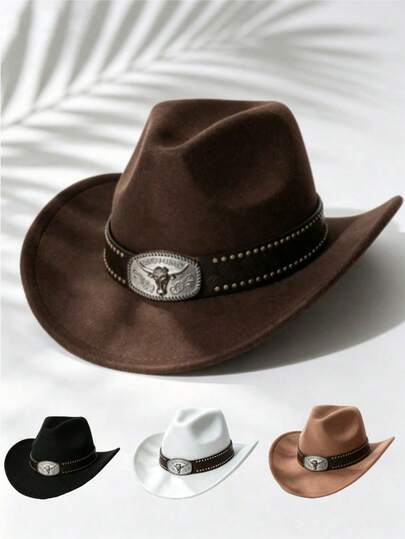 1pc Unisex Western Cowboy Hat, Vintage Wide Brim Sun Hat With Bull Head Buckle, Suitable For Summer Vacation, Beach Sun Protection, Music Festival, Holiday Party And Travel