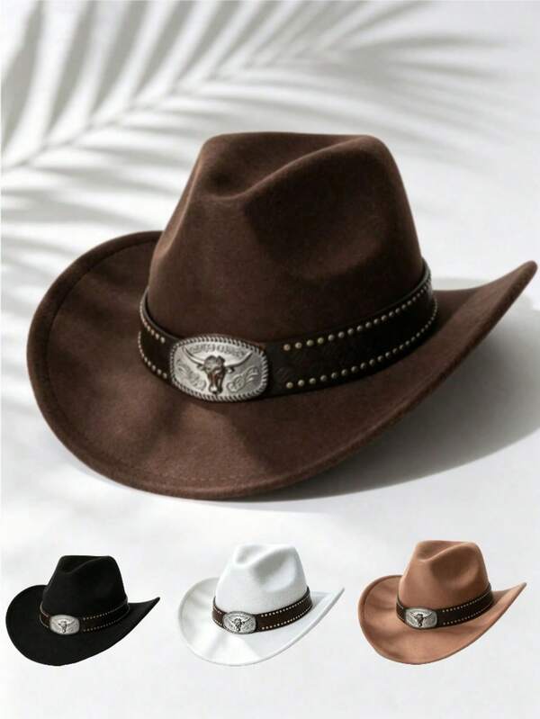 1pc Unisex Western Cowboy Hat, Vintage Wide Brim Sun Hat With Bull Head Buckle, Suitable For Summer Vacation, Beach Sun Protection, Music Festival, Holiday Party And Travel