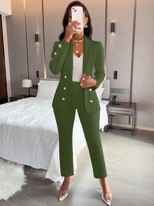 AIJ Women 2 Pieces Fall Fashion Outfits, Double Breasted Blazer & Pants Matching Set, Formal Business HOCO Homecoming Outfit - Turquoise - View 6