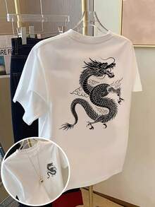 Camiseta con Estampado de Dragón Chino, Manga Corta, Cuello Redondo, Estilo Casual para Primavera y Verano, Ropa de Mujer - Blanco - Ver 2