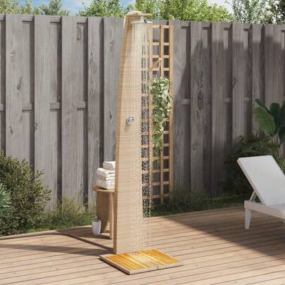 vidaXL Garden Shower, Outdoor Shower With Slatted Base And Steel Frame, Patio Shower For Pool/Swimming Pool, Garden Furniture/Patio Furniture, Beige Poly Rattan Acacia Wood