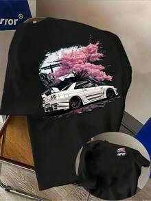 Camiseta de hombre con motivo de carreras - Camiseta ligera y transpirable diseñada para entusiastas de los coches, camiseta casual con estampados de transferencia térmica en la parte delantera y trasera, lavable. - Negro - Ver 1