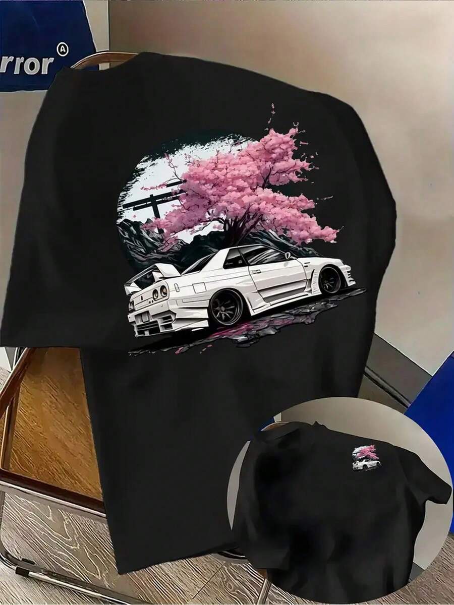 Camiseta de hombre con motivo de carreras - Camiseta ligera y transpirable diseñada para entusiastas de los coches, camiseta casual con estampados de transferencia térmica en la parte delantera y trasera, lavable. - Negro - Ver 1