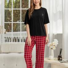 Conjuntos de pijama para mujer con cuello de rosca, top de manga corta y pantalones largos a cuadros, ropa de dormir de 2 piezas para otoño, primavera y invierno. - Negro - Ver 3