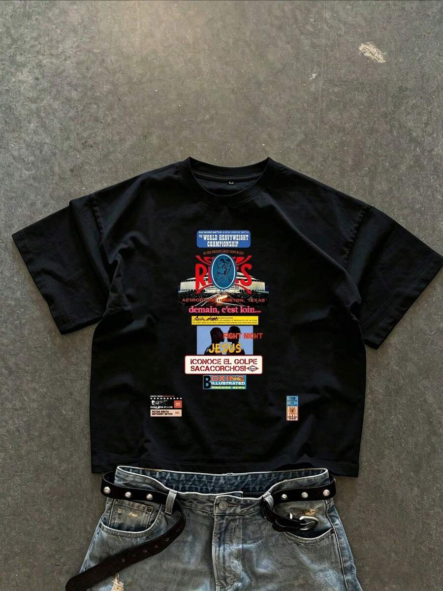 Men's Urban Fashion Letter Print Short Sleeve-Shirt Hot Item - 黑色 - 查看 1