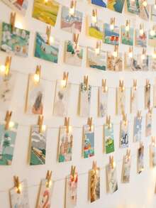 1pc 1-10m LED Copper Wire String Lights With Wooden Photo Clips, 10 Clips Per Meter (±2-3 Clips Error), Hanging Photo Cards Fairy Lights, Photo Wall Decoration Lights, Bedroom Atmosphere Decorative Light String, Suitable For Girls' Room Birthday Party Anniversary Home Decor - 銅色線 - 查看 5