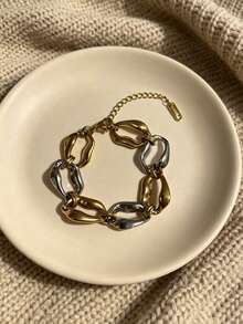 Tone Chunky Asymmetric Link Bracelet, 18K Gold Plated Titanium Steel, Mix Gold Silver Color Statement Bracelet For Women Daily Stackable Jewelry Gift - Gold and Silver Two-tone Bracelet - View 3