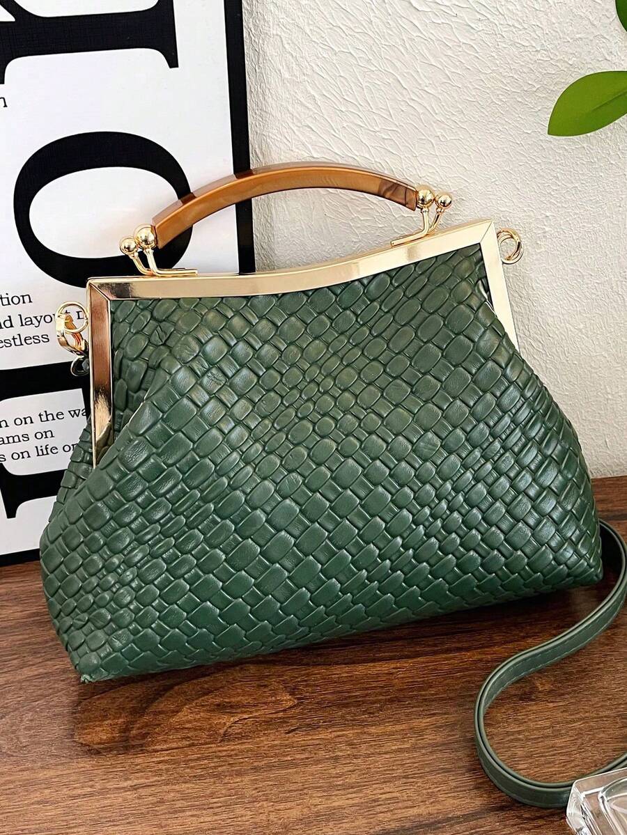 Women's PU Leather Crossbody Bag With Round Polka Dots, Vintage Style Handbag With Buckle Closure And Adjustable Shoulder Strap, Solid Color And Lightweight City Tote Bag - 綠色 - 查看 1