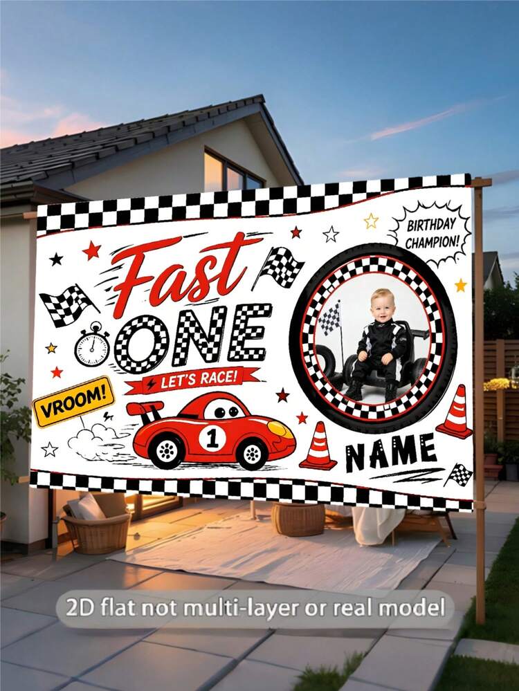 Customizable Photo & Name Cool Racing Championship Birthday Banner, Black & White Checkered Flag Balloon Timer Design With Red Sports Car Graphic, Suitable For Racing Theme Birthday Party, Wall Decor, Photo Backdrop, Vinyl Banner Prop - Type C - View 4