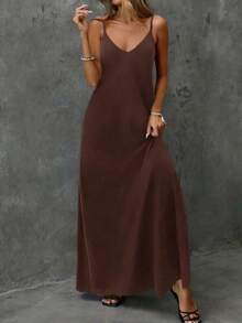 Women's Long Dress 2026, V-Neck, Sleeveless, Solid Color, Simple, Casual And Elegant. - Brown - View 5